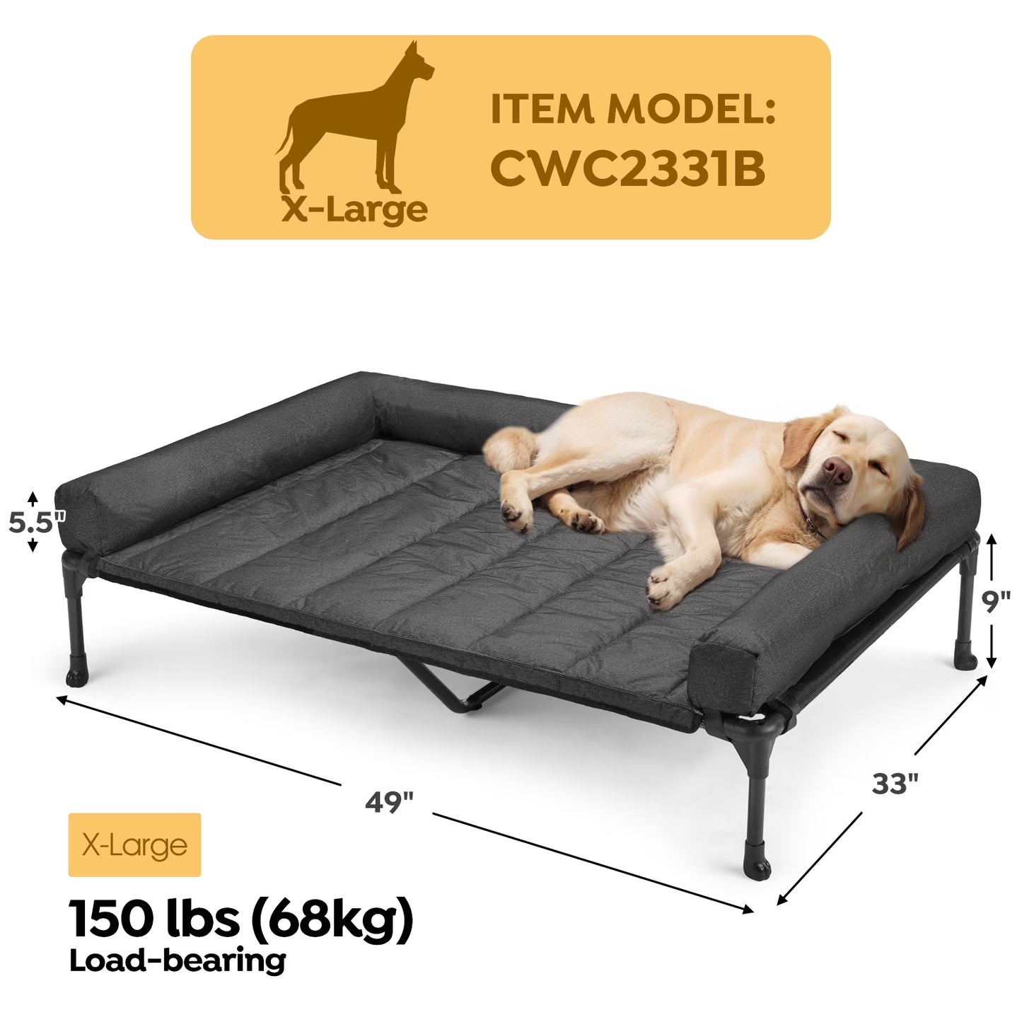 Cooling Elevated Dog Bed + Waterproof Removable Pillow-Top Mat, Dog Sofa Bed, Xlarge, Black