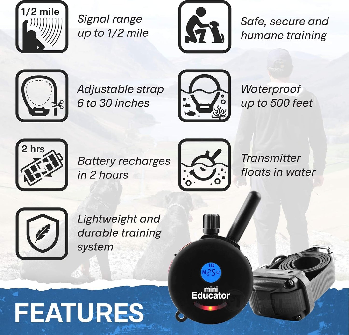 - ET-300 Black - Ecollar Dog Training Collar with Remote Control - 1/2 Mile Range, Waterproof, Rechargeable, 100 Training Stimulation Levels, Vibration and Tone W/Petstek Training Clicker