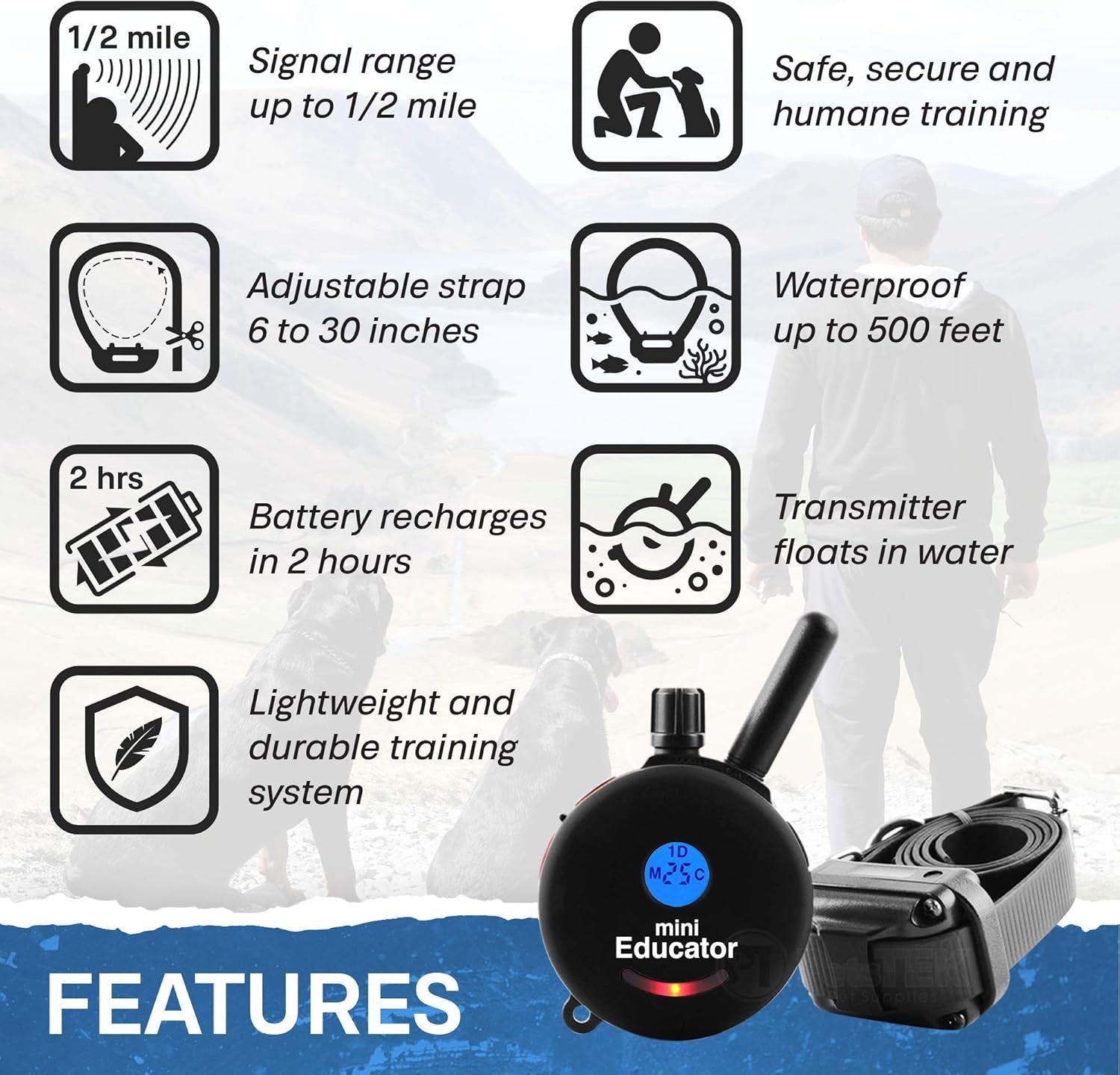 - ET-300 Black - Ecollar Dog Training Collar with Remote Control - 1/2 Mile Range, Waterproof, Rechargeable, 100 Training Stimulation Levels, Vibration and Tone W/Petstek Training Clicker