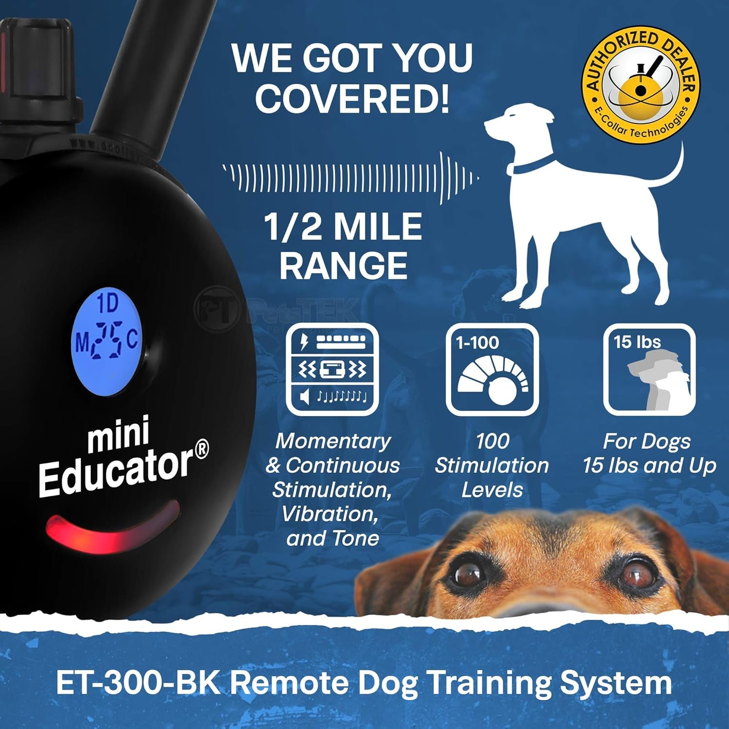 - ET-300 Black - Ecollar Dog Training Collar with Remote Control - 1/2 Mile Range, Waterproof, Rechargeable, 100 Training Stimulation Levels, Vibration and Tone W/Petstek Training Clicker