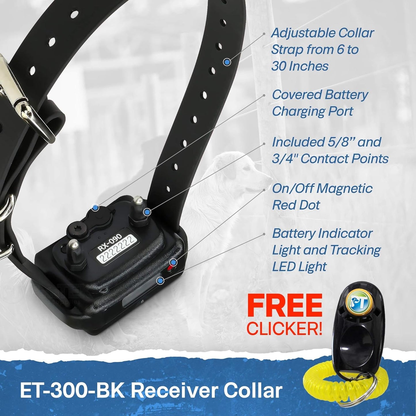 - ET-300 Black - Ecollar Dog Training Collar with Remote Control - 1/2 Mile Range, Waterproof, Rechargeable, 100 Training Stimulation Levels, Vibration and Tone W/Petstek Training Clicker